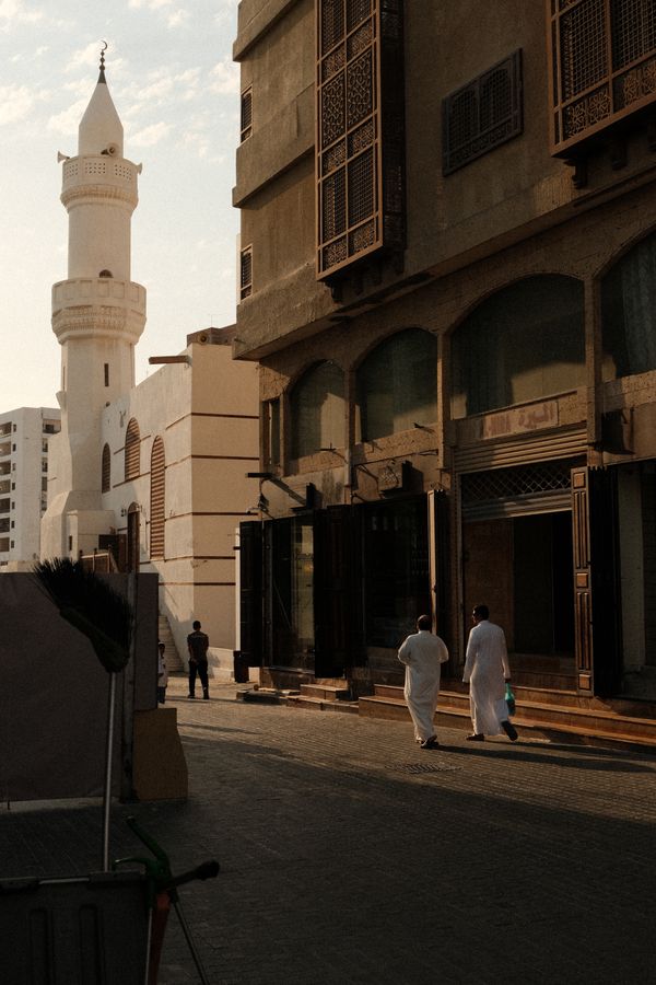 A street of traditional coral-stone houses in historic Jeddah