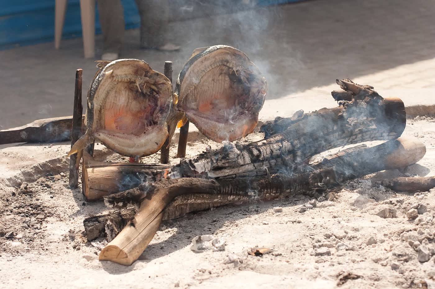 Two split carp, opened flat and propped upright on stakes beside charred logs, with smoke rising