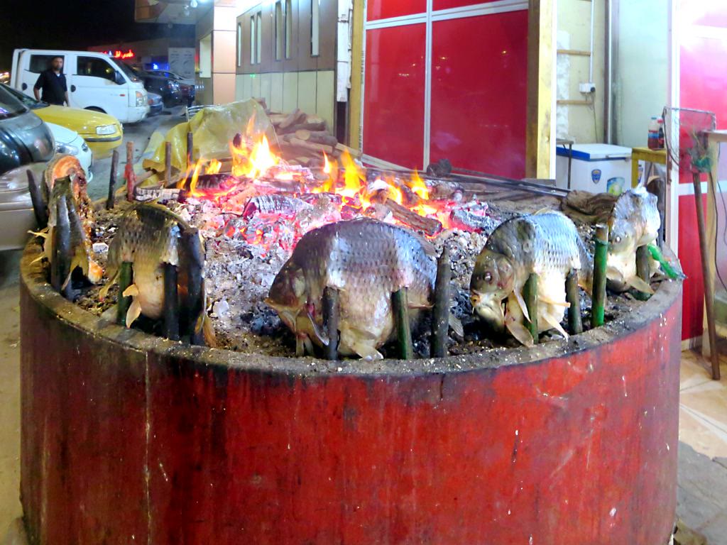 A round red fire pit at night with flames and glowing coals, and several carp standing upright on stakes around its rim