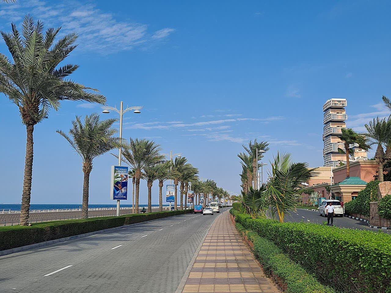 A palm-lined coastal road on the Palm Jumeirah with the sea to the left and the stacked tower of Atlantis The Royal to the right